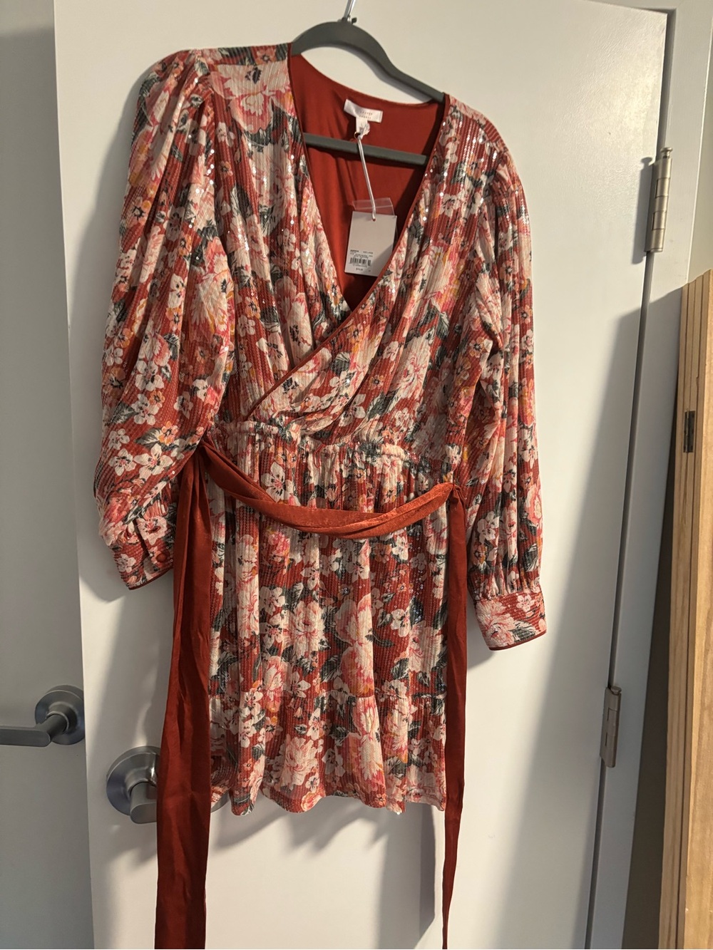 LC Lauren Conrad Rust Floral Wrap Mini Dress with Puff Sleeves